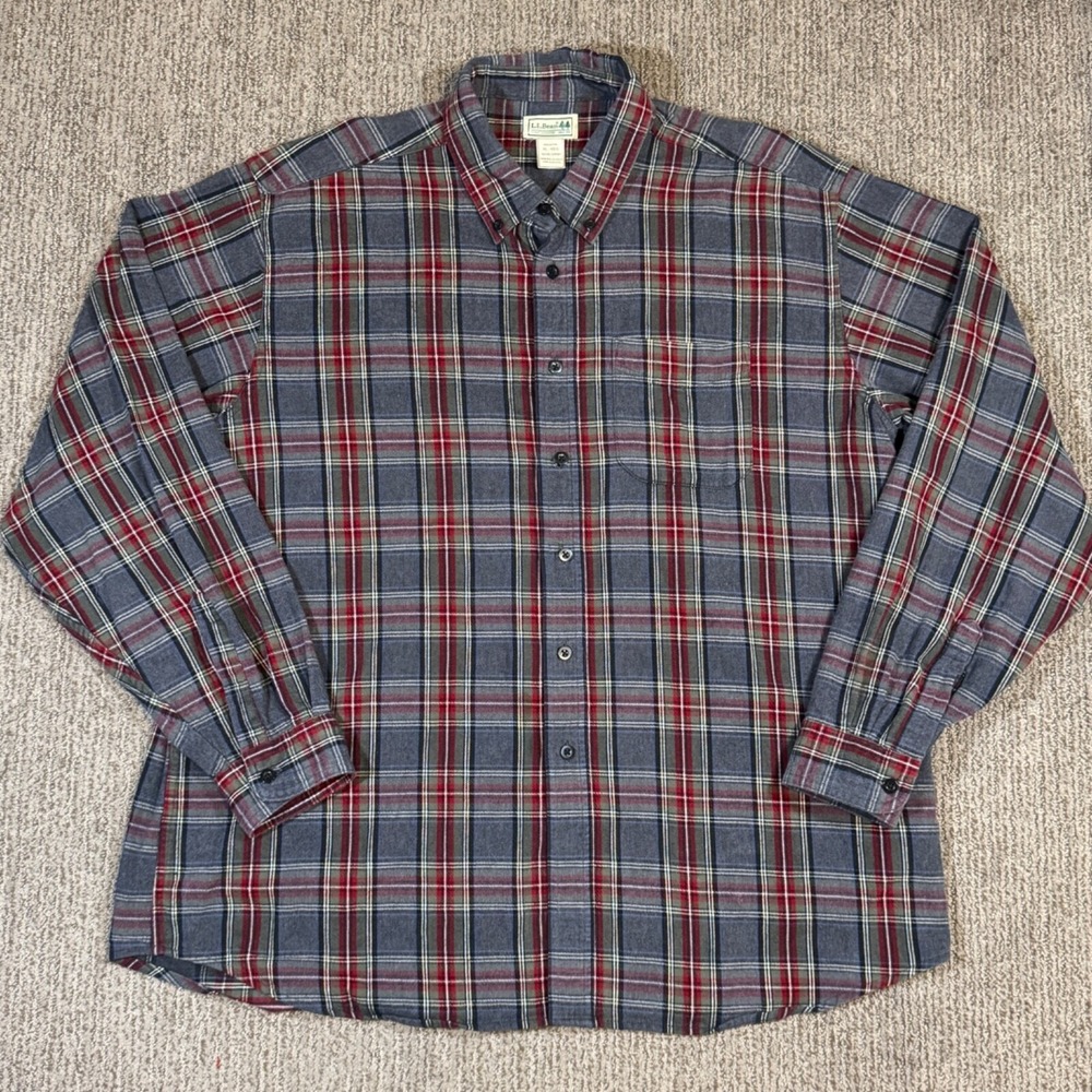 LL Bean Mens XL Reg Flannel Button Up Shirt Long Sleeve Cotton Grey Red Plaid